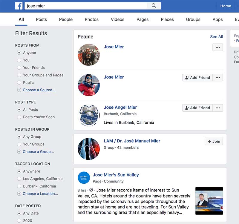 Jose Mier Facebook Search Screenshot