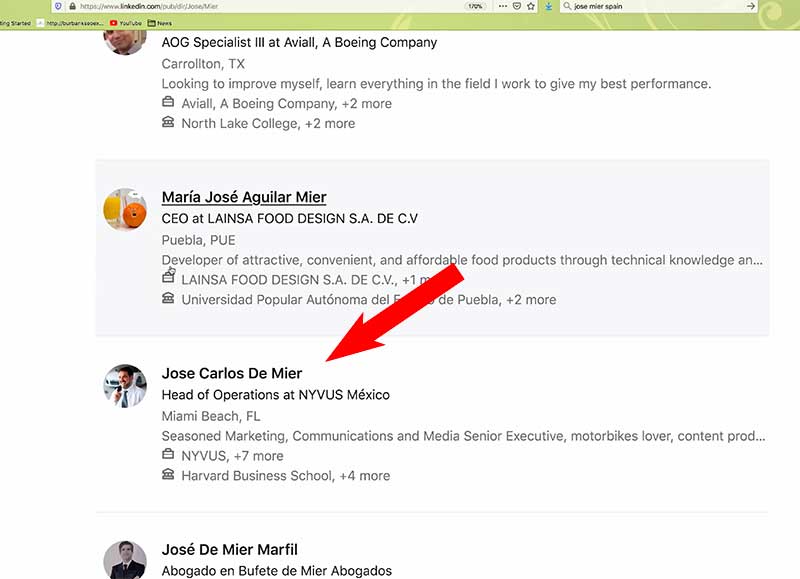 Screen shot of Jose Mier LinkedIn Search