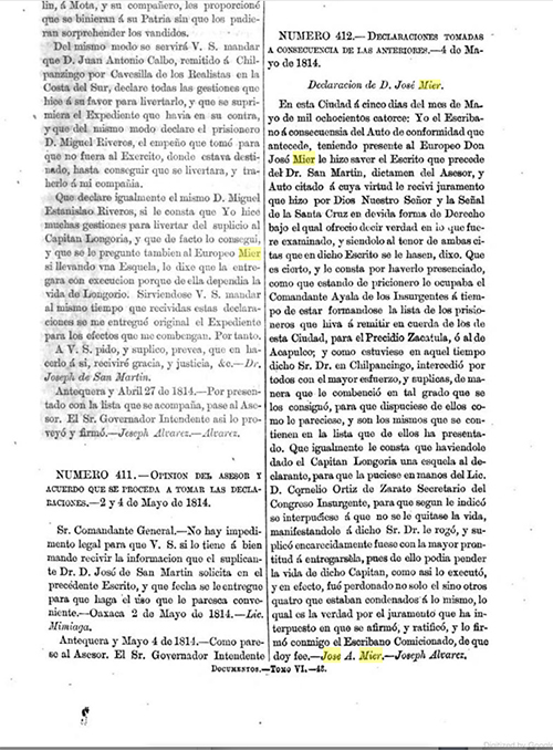 Legal declaration by Jose A. Mier 1814