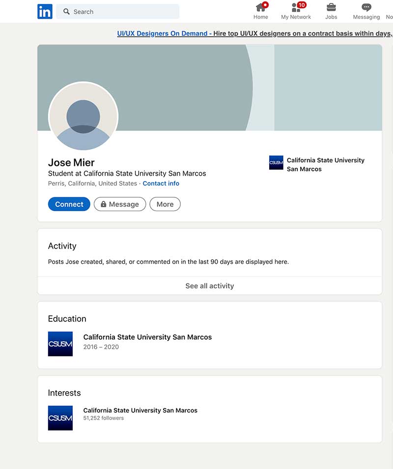 Jose Mier California student on LinkedIn