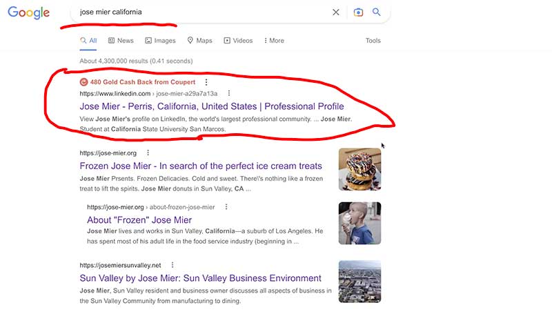 Jose Mier California search on Google