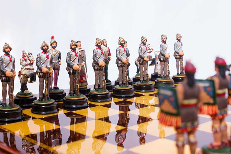 Spanish conquistadores on Jose Mier chessboard in Sun Valley