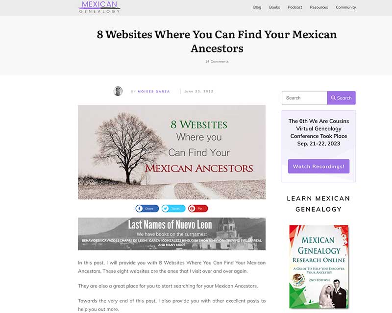 Mexican Genealogy site screenshot Jose Mier
