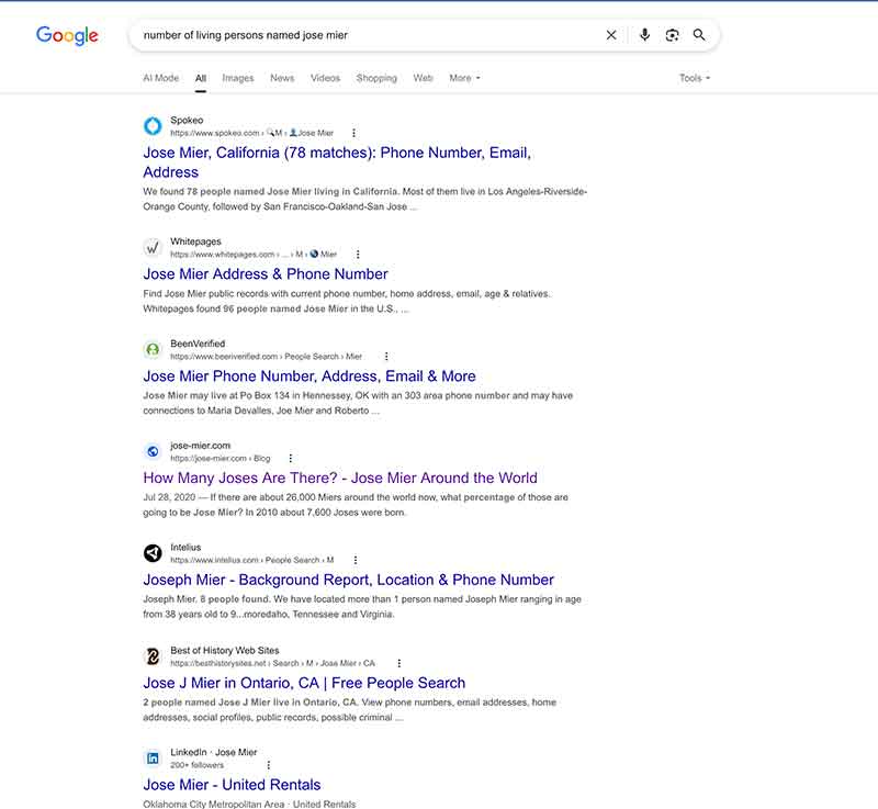 Google search for Jose Mier Sun Valley CA