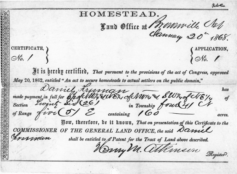 Historic 1868 homestead certificate for Daniel Freeman, an example of a land record useful to genealogists