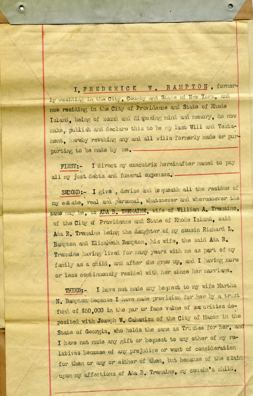 First page of Frederick Bampton's 1900 last will and testament