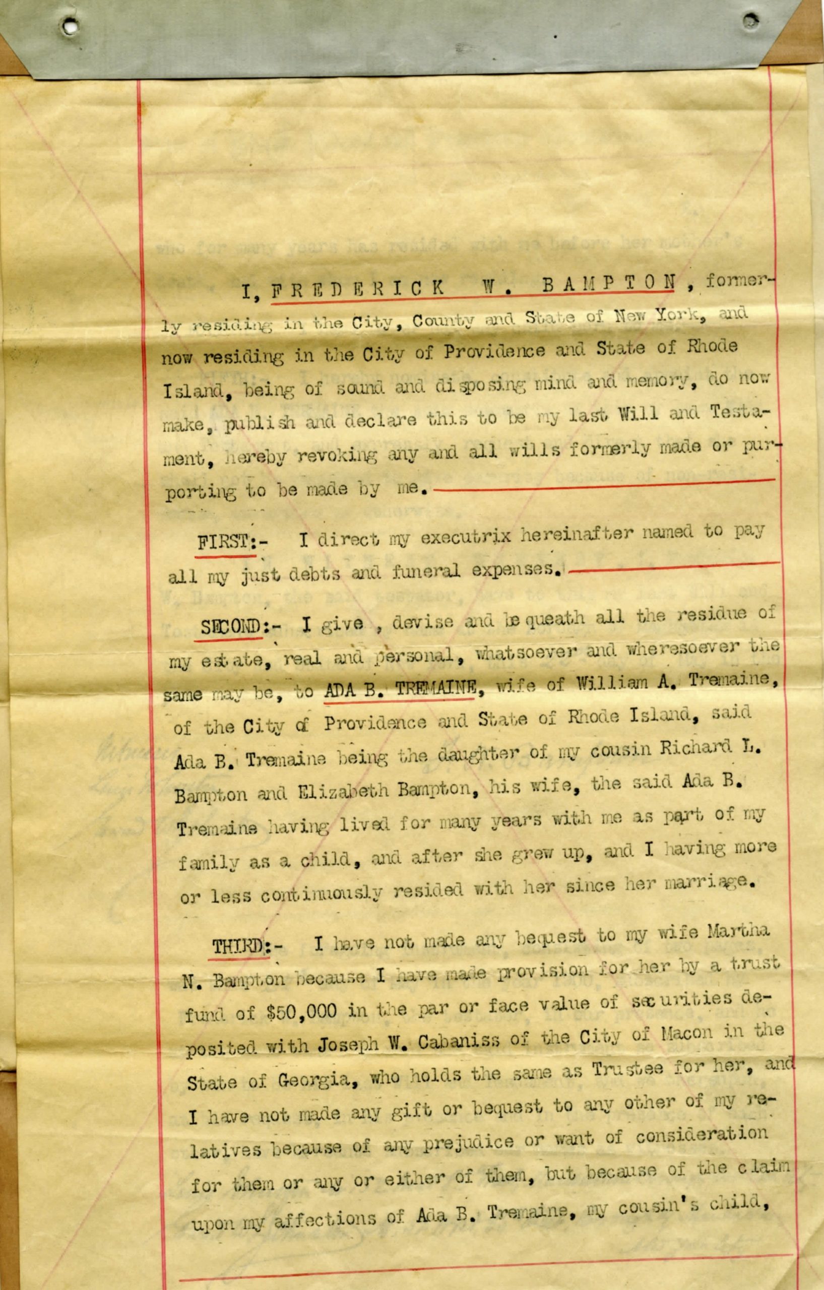 First page of Frederick Bampton's 1900 last will and testament