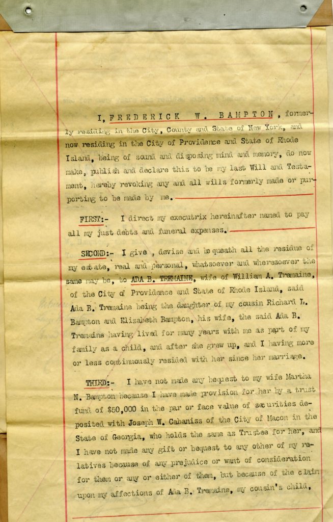 First page of Frederick Bampton's 1900 last will and testament uncovered by Jose Mier